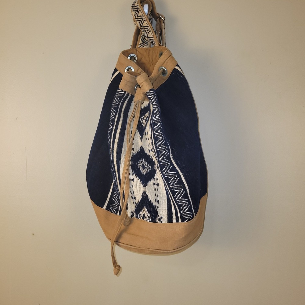 World Market Canvas Drawstring Backpack Tribal Boho Navy Tan Bucket Bag